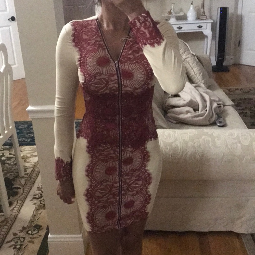 Bodycon dress. Red lace and tan. Size small